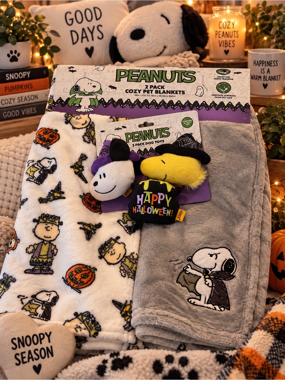 2 pack halloween cozy pet blankets and 2 dog toys snoopy halloween!